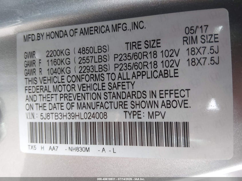 2017 Acura Rdx Acurawatch Plus Package VIN: 5J8TB3H39HL024008 Lot: 45616931