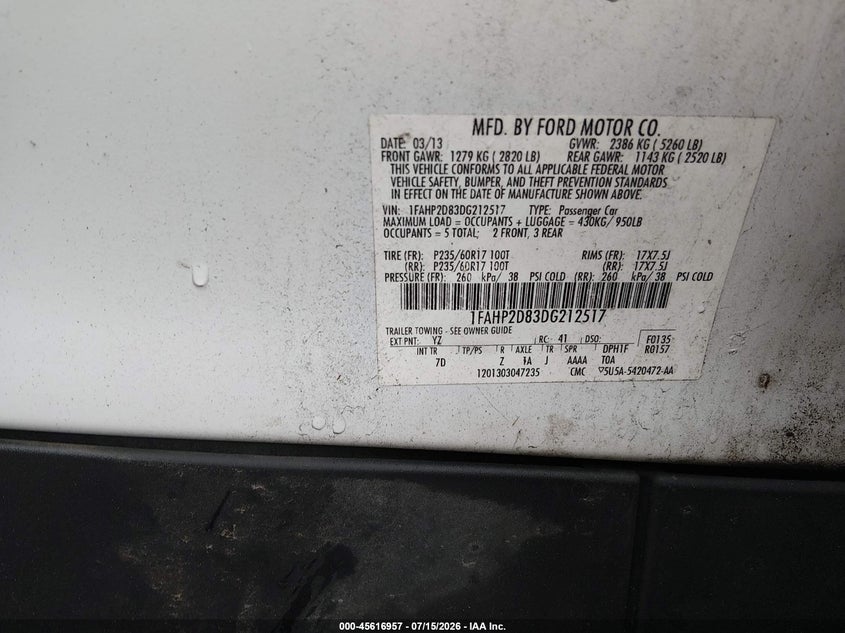 2013 Ford Taurus Se VIN: 1FAHP2D83DG212517 Lot: 45616957