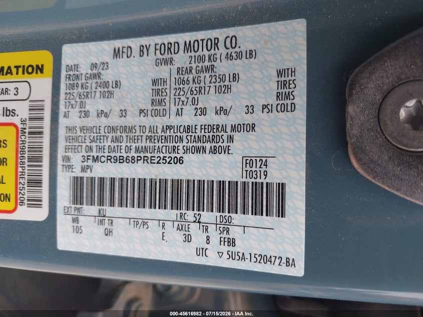 2023 Ford Bronco Sport Big Bend VIN: 3FMCR9B68PRE25206 Lot: 45616982
