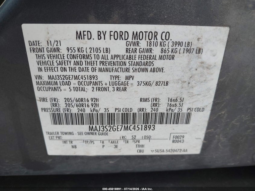 2021 Ford Ecosport Se VIN: MAJ3S2GE7MC451893 Lot: 45616991