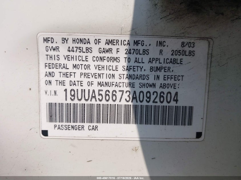 2003 Acura Tl 3.2 VIN: 19UUA56673A092604 Lot: 45617016