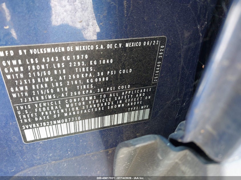 2022 Volkswagen Taos 1.5T Se VIN: 3VVRX7B22NM087710 Lot: 45617021