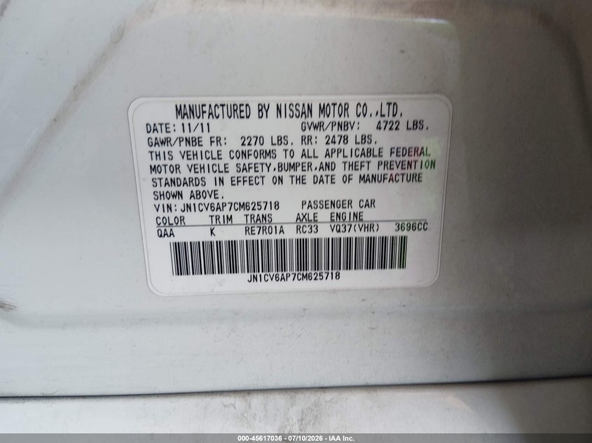 2012 Infiniti G37 Journey VIN: JN1CV6AP7CM625718 Lot: 45617036