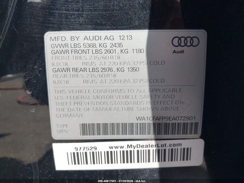 2014 Audi Q5 2.0T Premium VIN: WA1CFAFP9EA072901 Lot: 45617041
