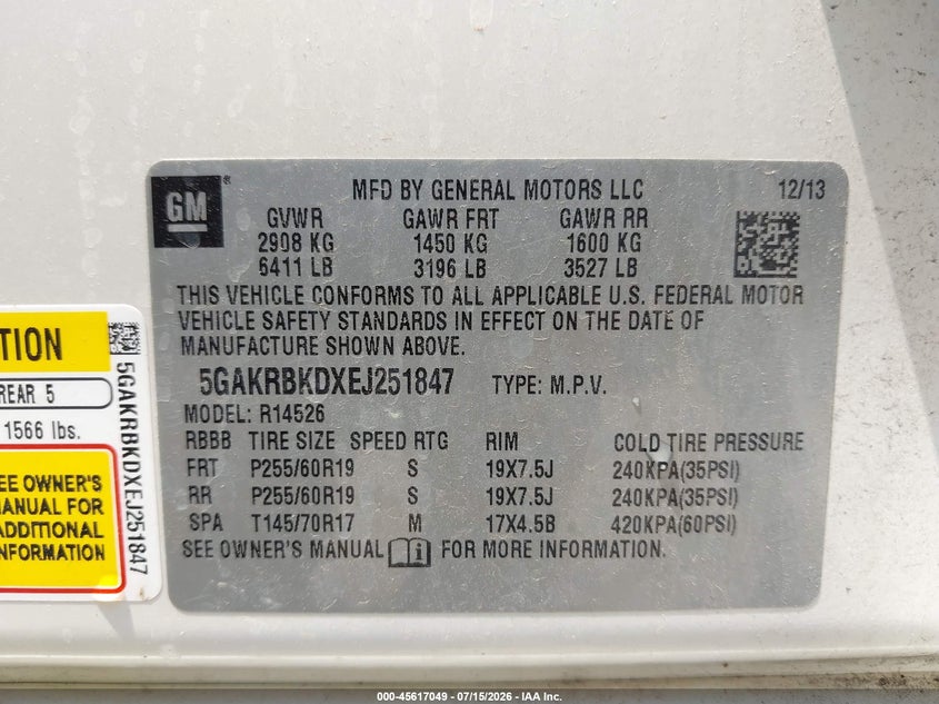 2014 Buick Enclave Leather VIN: 5GAKRBKDXEJ251847 Lot: 45617049