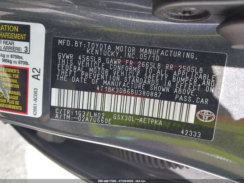 2011 Toyota Avalon Limited VIN: 4T1BK3DB6BU380887 Lot: 45617056