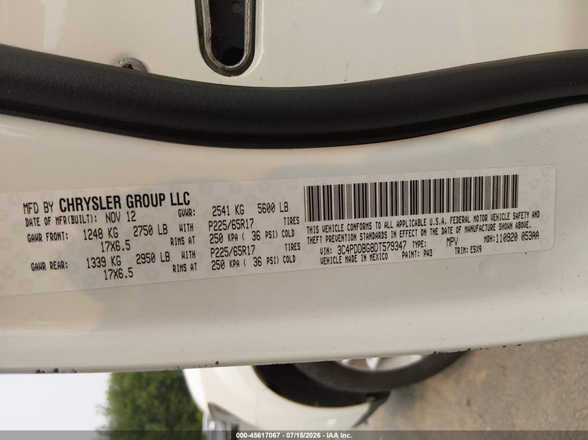 2013 Dodge Journey Sxt VIN: 3C4PDDBG8DT579347 Lot: 45617067
