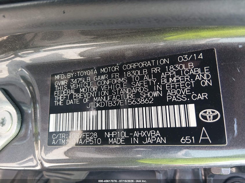 2014 Toyota Prius C One VIN: JTDKDTB37E1563862 Lot: 45617076