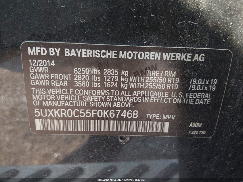 2015 BMW X5 xDrive35I VIN: 5UXKR0C55F0K67468 Lot: 45617084