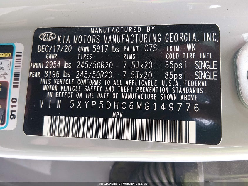 2021 Kia Telluride Sx VIN: 5XYP5DHC6MG149776 Lot: 45617085