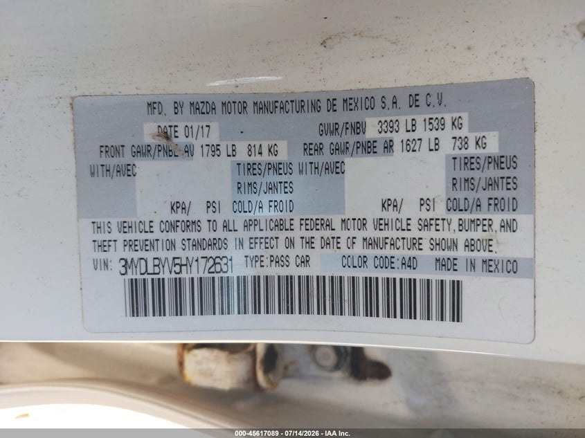 2017 Toyota Yaris Ia VIN: 3MYDLBYV5HY172631 Lot: 45617089