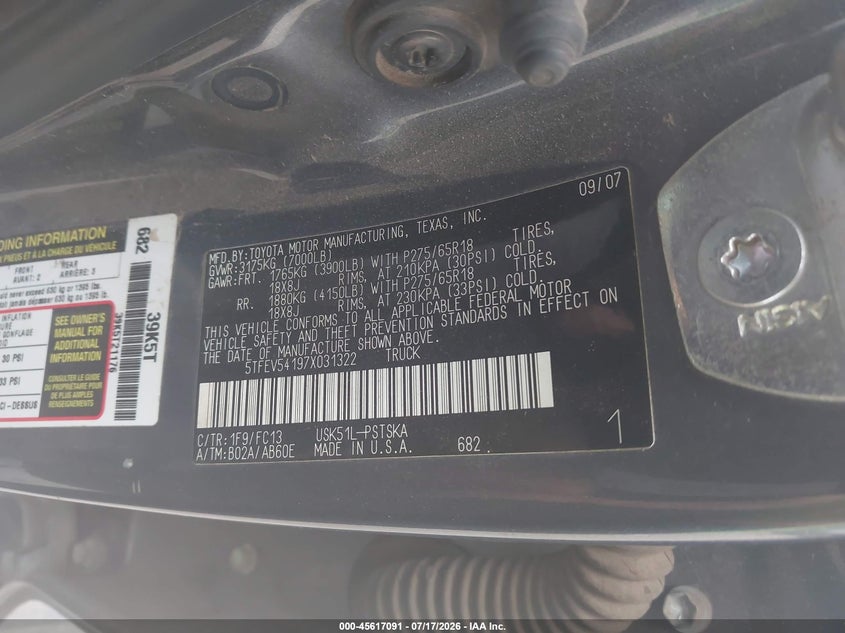 2007 Toyota Tundra Sr5 5.7L V8 VIN: 5TFEV54197X031322 Lot: 45617091