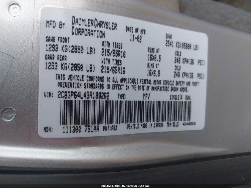 2003 Chrysler Town & Country Limited VIN: 2C8GP64L43R189262 Lot: 45617109