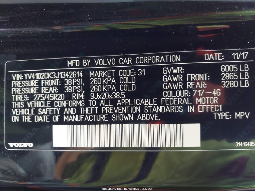 2018 Volvo Xc90 T5 Momentum VIN: YV4102CK3J1342614 Lot: 45617136