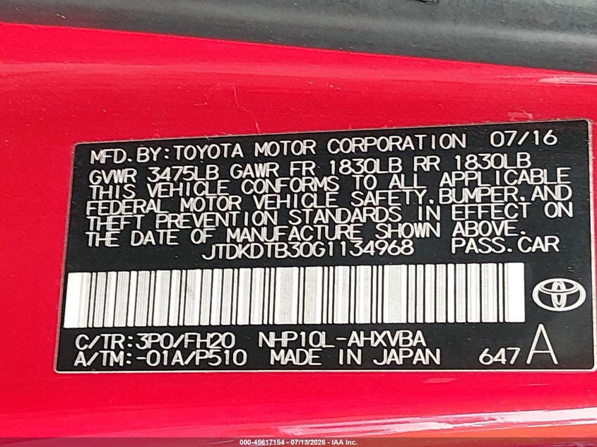 2016 Toyota Prius C One VIN: JTDKDTB30G1134968 Lot: 45617154