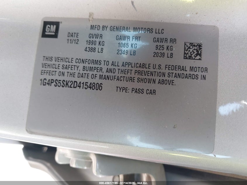 2013 Buick Verano Leather Group VIN: 1G4PS5SK2D4154806 Lot: 45617195