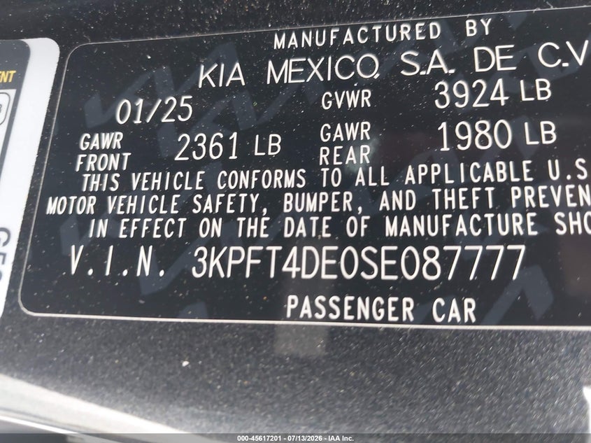 2025 Kia K4 Lxs VIN: 3KPFT4DE0SE087777 Lot: 45617201