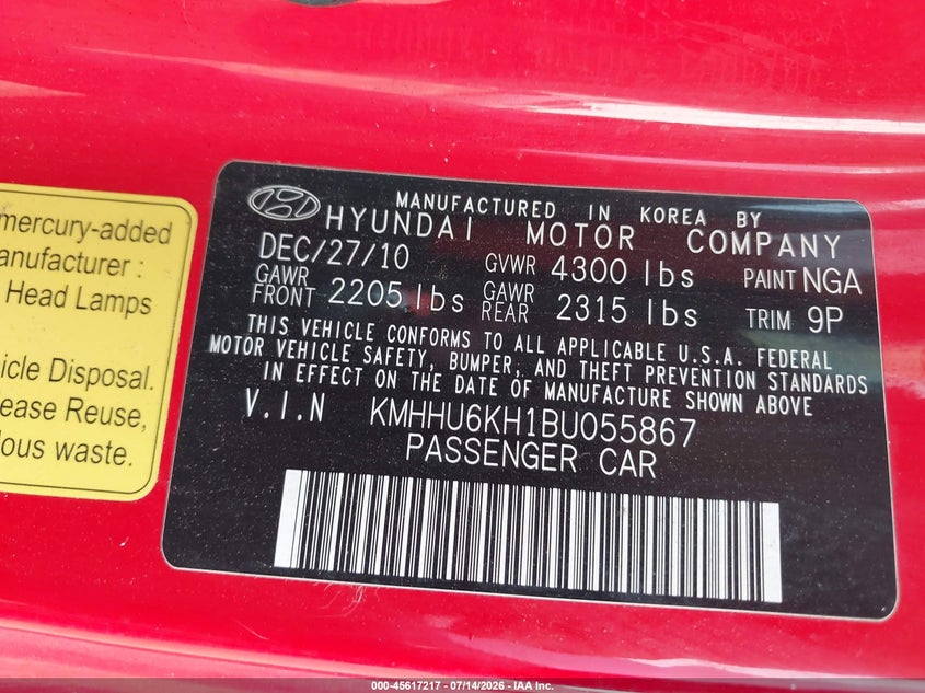 2011 Hyundai Genesis 3.8 Track VIN: KMHHU6KH1BU055867 Lot: 45617217