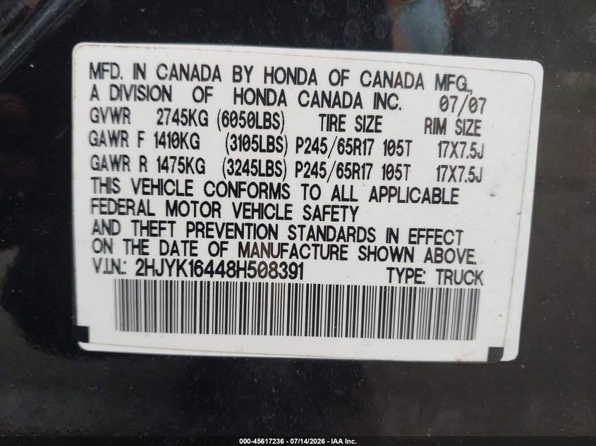 2008 Honda Ridgeline Rts VIN: 2HJYK16448H508391 Lot: 45617236
