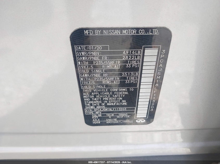 2020 Infiniti Qx50 Essential VIN: 3PCAJ5M18LF113203 Lot: 45617237
