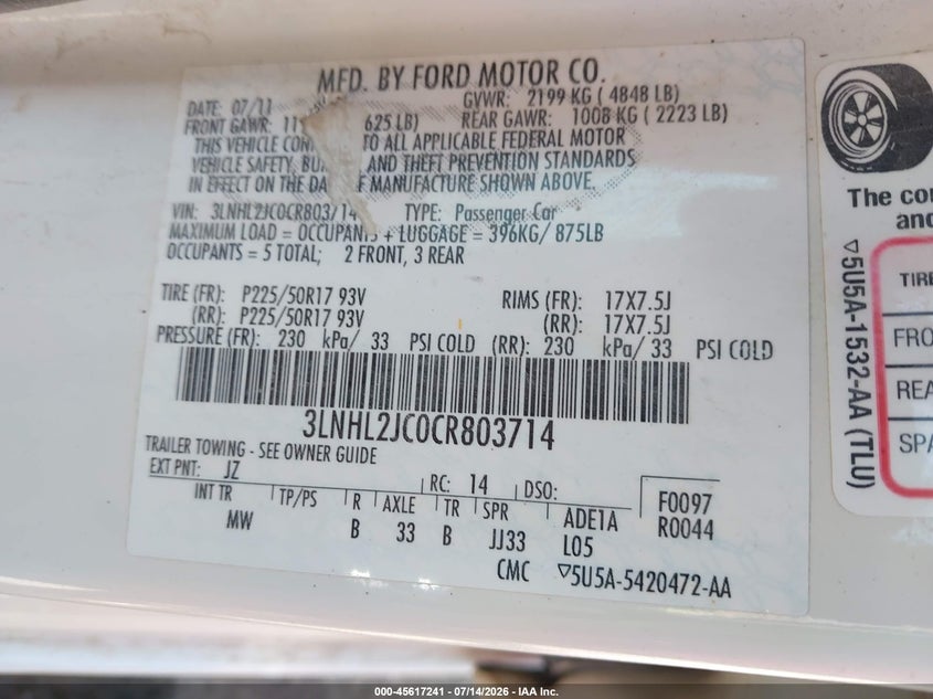2012 Lincoln Mkz VIN: 3LNHL2JC0CR803714 Lot: 45617241