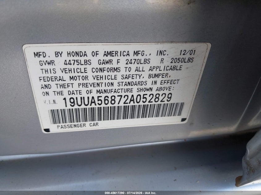 2002 Acura Tl 3.2 Type S VIN: 19UUA56872A052829 Lot: 45617290