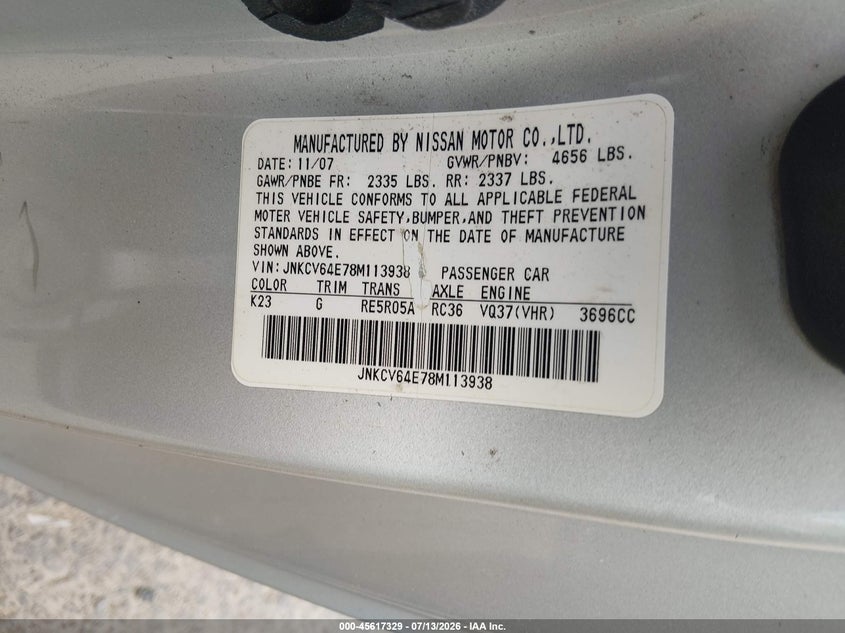 2008 Infiniti G37 Journey VIN: JNKCV64E78M113938 Lot: 45617329