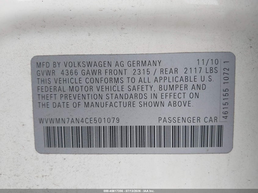 2012 Volkswagen Cc Sport VIN: WVWMN7AN4CE501079 Lot: 45617356