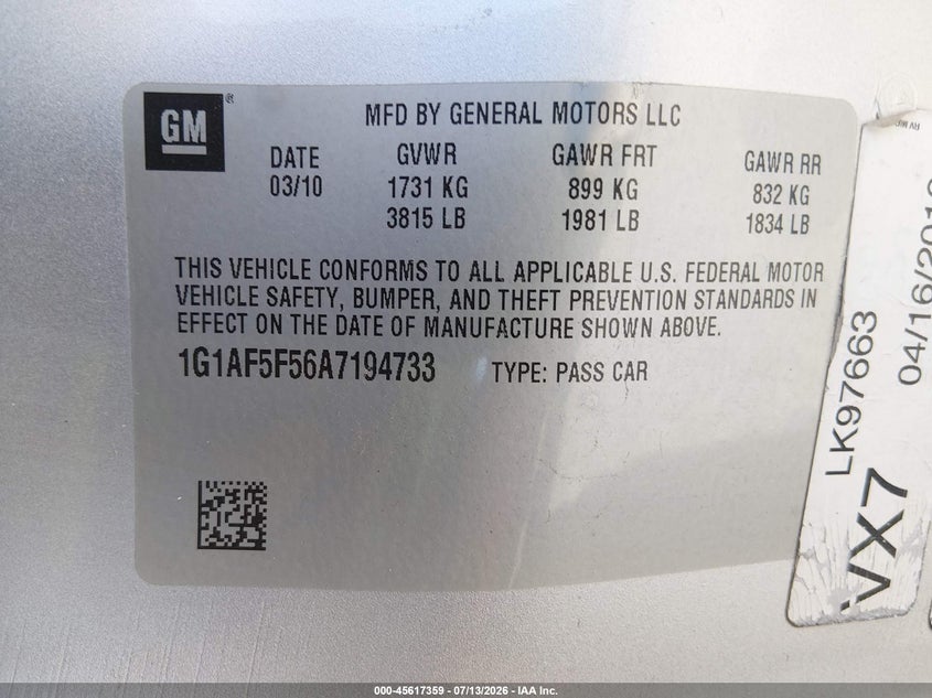 2010 Chevrolet Cobalt Lt VIN: 1G1AF5F56A7194733 Lot: 45617359
