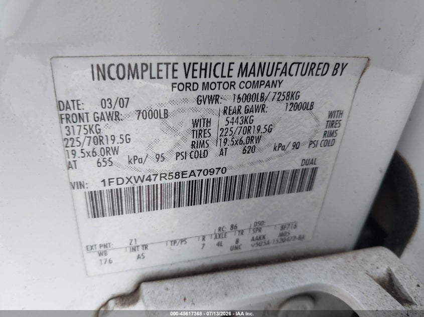 2008 Ford Super Duty F-450 Drw Lariat/Xl/Xlt VIN: 1FDXW47R58EA70970 Lot: 45617368