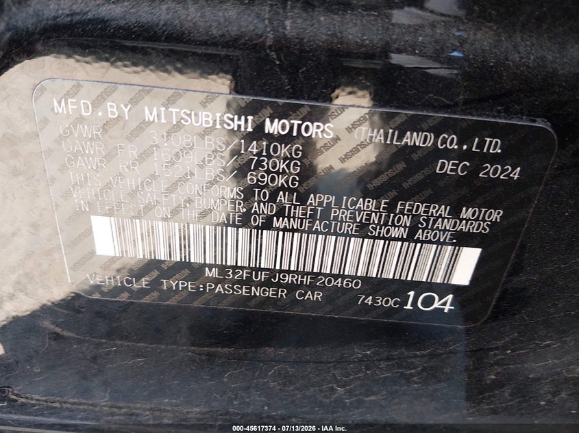 2024 Mitsubishi Mirage G4 Black Edition/Es/Le VIN: ML32FUFJ9RHF20460 Lot: 45617374