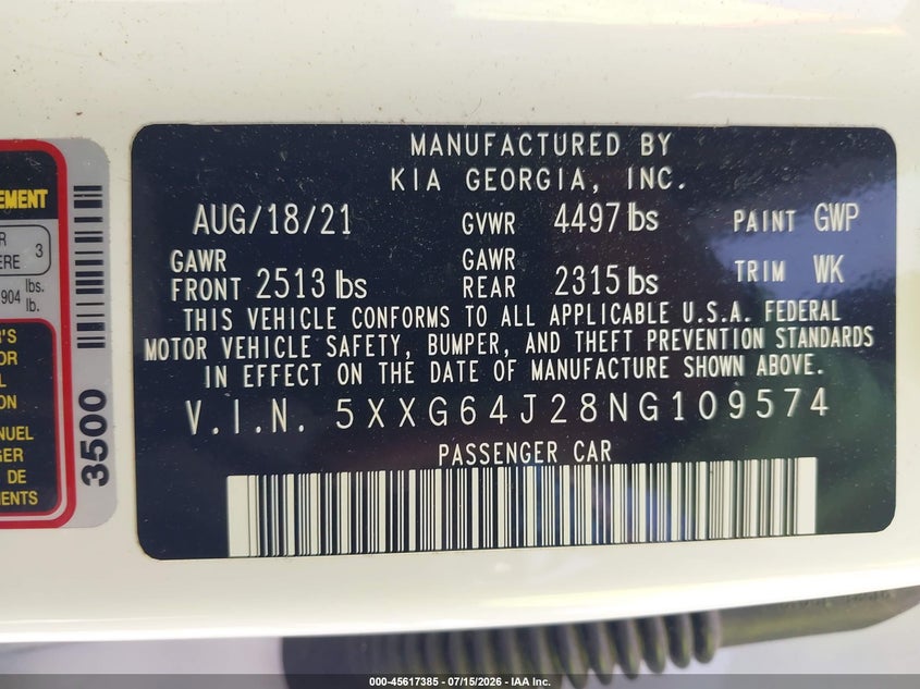 2022 Kia K5 Gt-Line VIN: 5XXG64J28NG109574 Lot: 45617385