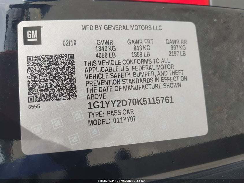 2019 Chevrolet Corvette Grand Sport VIN: 1G1YY2D70K5115761 Lot: 45617413