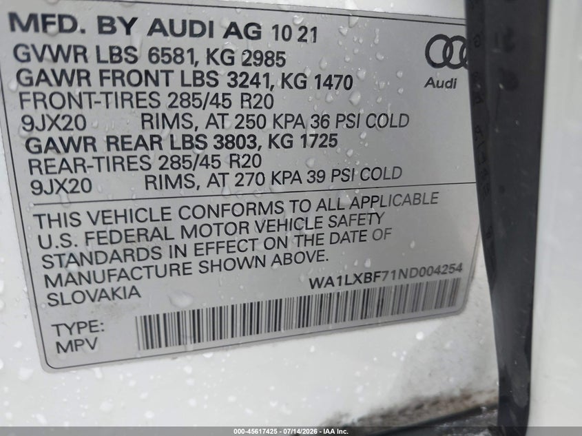 2022 Audi Q7 Premium Plus 55 Tfsi Quattro Tiptronic VIN: WA1LXBF71ND004254 Lot: 45617425