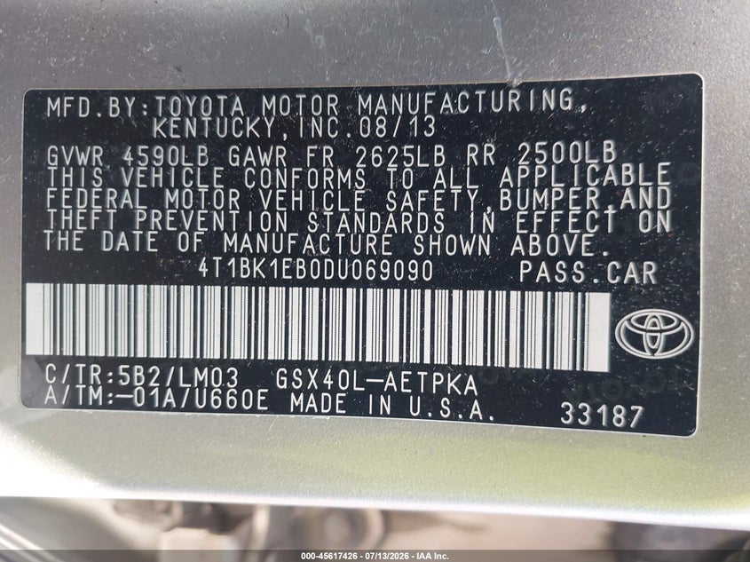 2013 Toyota Avalon Limited VIN: 4T1BK1EB0DU069090 Lot: 45617426