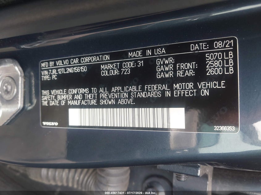 2022 Volvo S60 B5 Inscription VIN: 7JRL12TL2NG156150 Lot: 45617431
