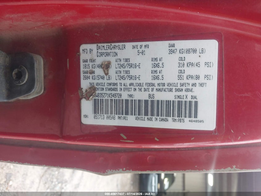 2001 Dodge Ram Wagon 3500 VIN: 2B5WB35Z71K549720 Lot: 45617437