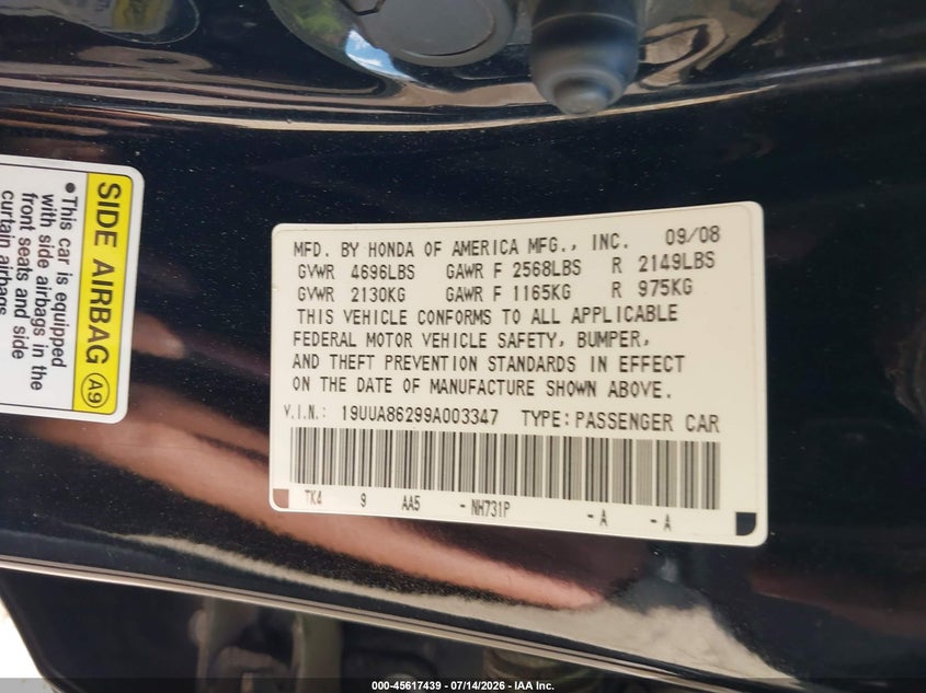 2009 Acura Tl 3.5 VIN: 19UUA86299A003347 Lot: 45617439