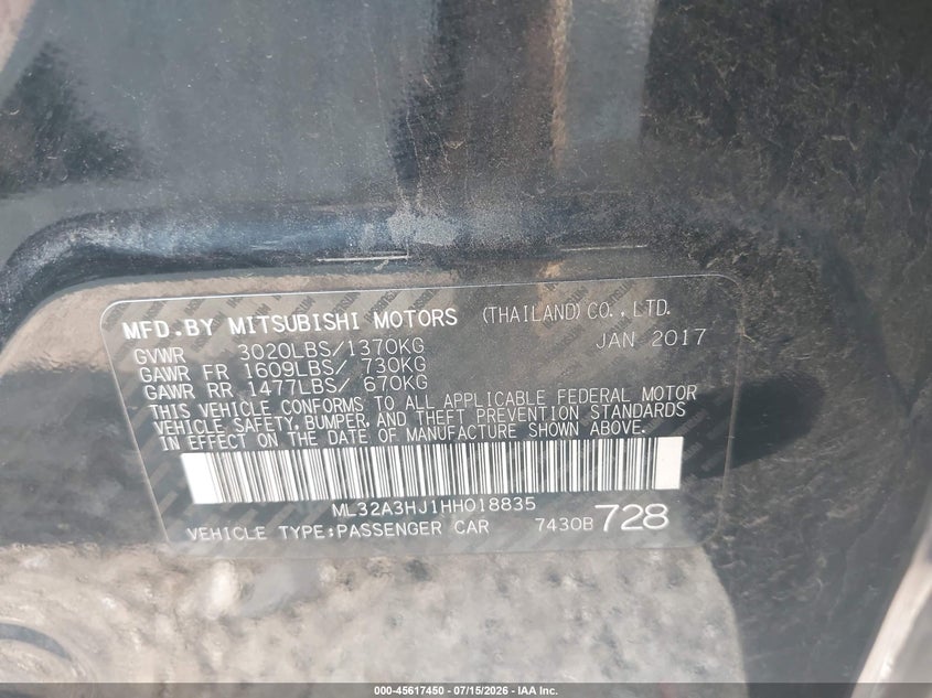 2017 Mitsubishi Mirage Es VIN: ML32A3HJ1HH018835 Lot: 45617450