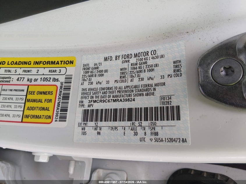 2021 Ford Bronco Sport Outer Banks VIN: 3FMCR9C67MRA39824 Lot: 45617457
