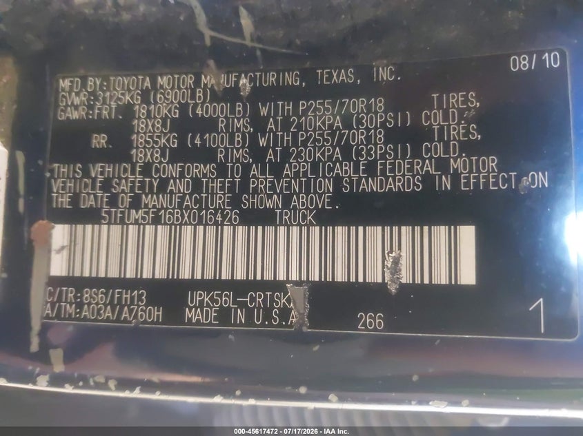 2011 Toyota Tundra Grade 4.6L V8 VIN: 5TFUM5F16BX016426 Lot: 45617472
