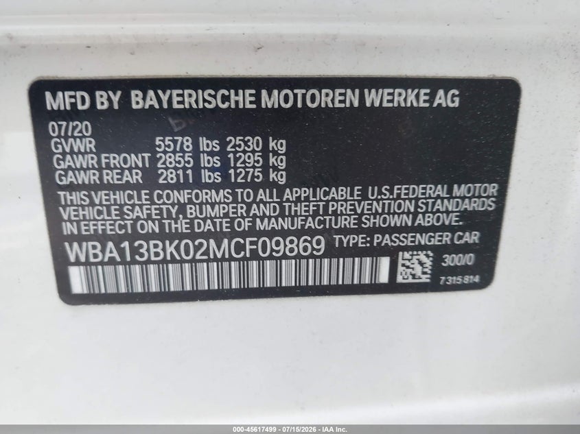 BMW M550I 2021 VIN WBA13BK02MCF09869