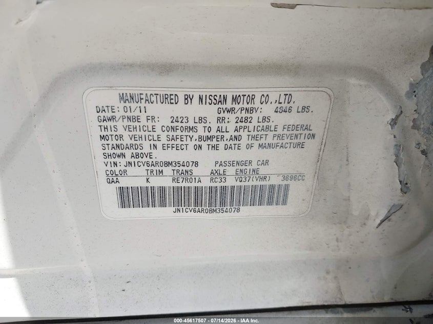 2011 Infiniti G37X VIN: JN1CV6AR0BM354078 Lot: 45617507
