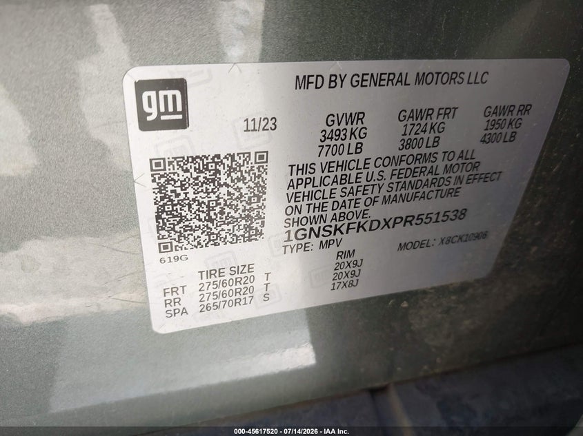 2023 Chevrolet Suburban 4Wd Premier VIN: 1GNSKFKDXPR551538 Lot: 45617520