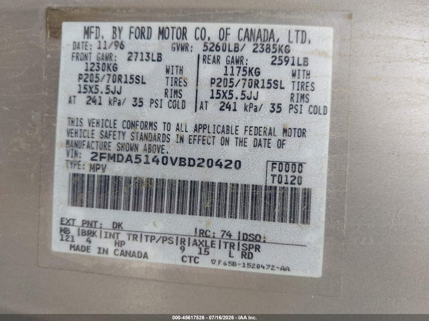 1997 Ford Windstar Gl/Lx VIN: 2FMDA5140VBD20420 Lot: 45617526