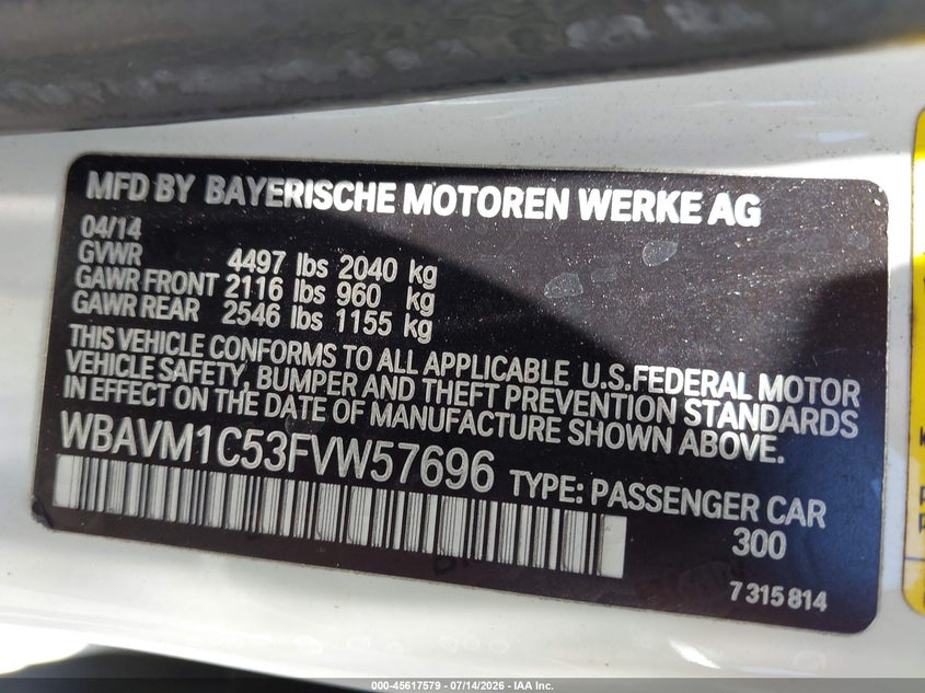 2015 BMW X1 Sdrive28I VIN: WBAVM1C53FVW57696 Lot: 45617579