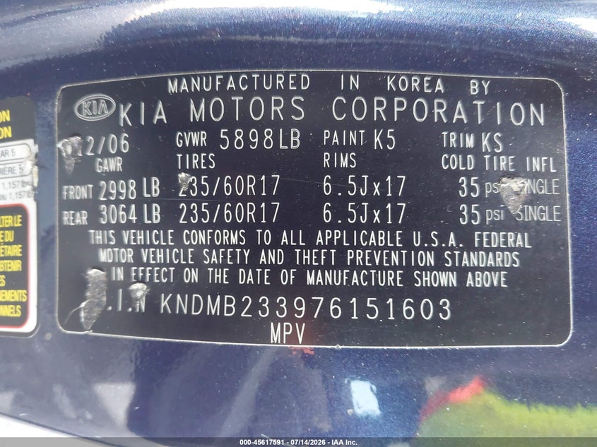 2007 Kia Sedona Ex VIN: KNDMB233976151603 Lot: 45617591