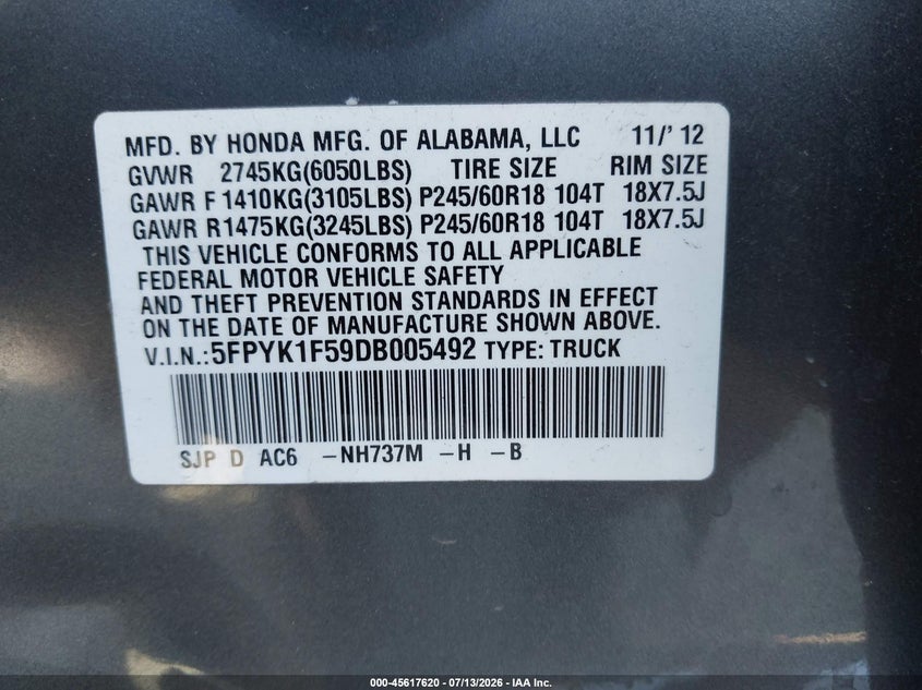 2013 Honda Ridgeline Rtl VIN: 5FPYK1F59DB005492 Lot: 45617620