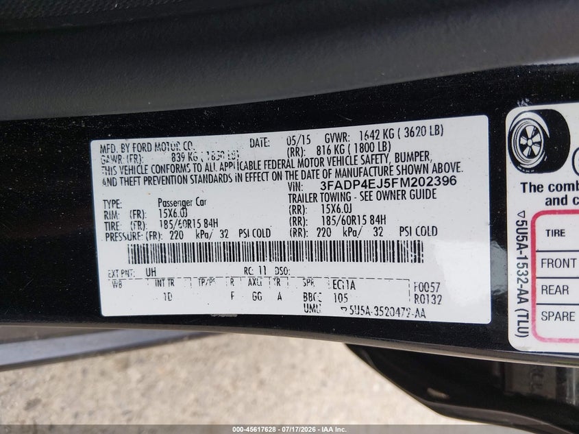 2015 Ford Fiesta Se VIN: 3FADP4EJ5FM202396 Lot: 45617628