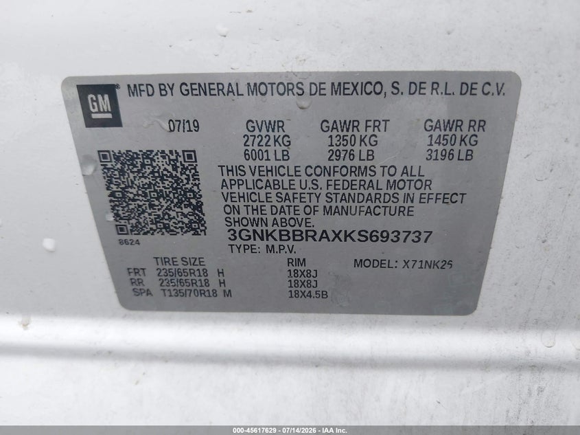 2019 Chevrolet Blazer VIN: 3GNKBBRAXKS693737 Lot: 45617629
